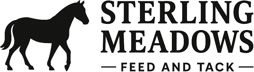 Sterling Meadows Feed and Tack logo with walking horse silhouette.