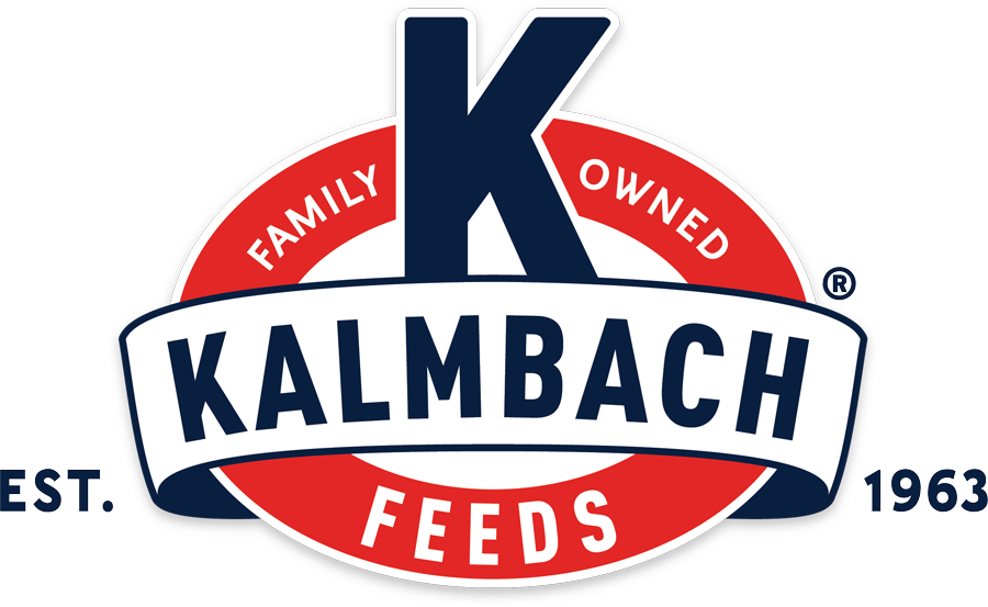 Kalmbach Feeds logo with a large blue K and red oval banner reading Family Owned since 1963.
