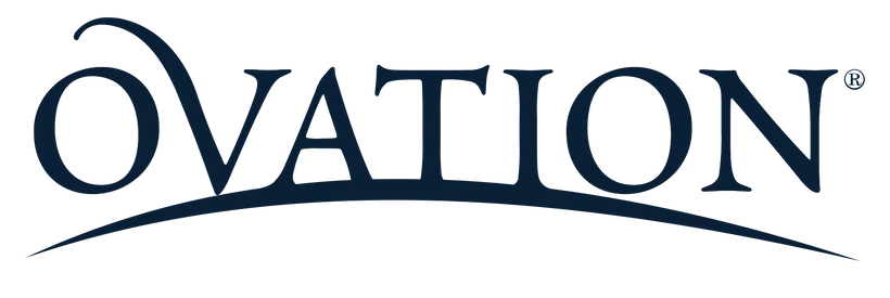 Ovation equestrian brand logo in navy text with a curved underline.