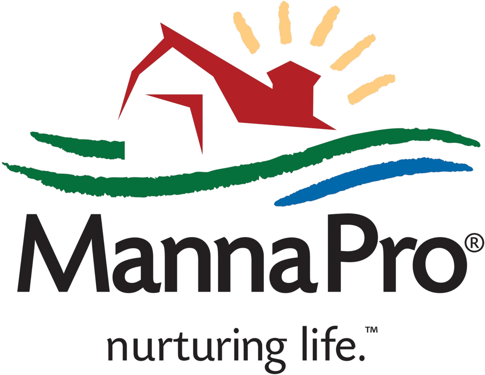 Manna Pro logo featuring a red barn silhouette with sun rays over green and blue lines.