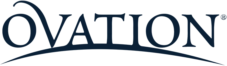 Ovation equestrian brand logo with stylized navy lettering and curved underline.