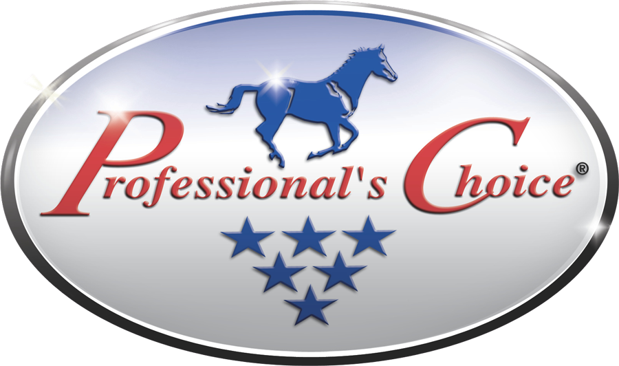 Professional's Choice logo with red and blue lettering, a running horse graphic, and five blue stars.