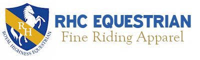 RHC Equestrian logo with a blue and gold shield featuring a horse and the tagline 'Fine Riding Apparel.'