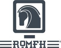 Romfh logo featuring a stylized horse head inside a square frame with horizontal lines.