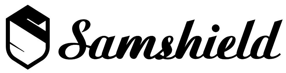 Samshield equestrian brand logo with shield icon and script lettering.