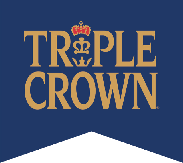 Triple Crown horse feed logo with gold text and a crown on a navy blue background.