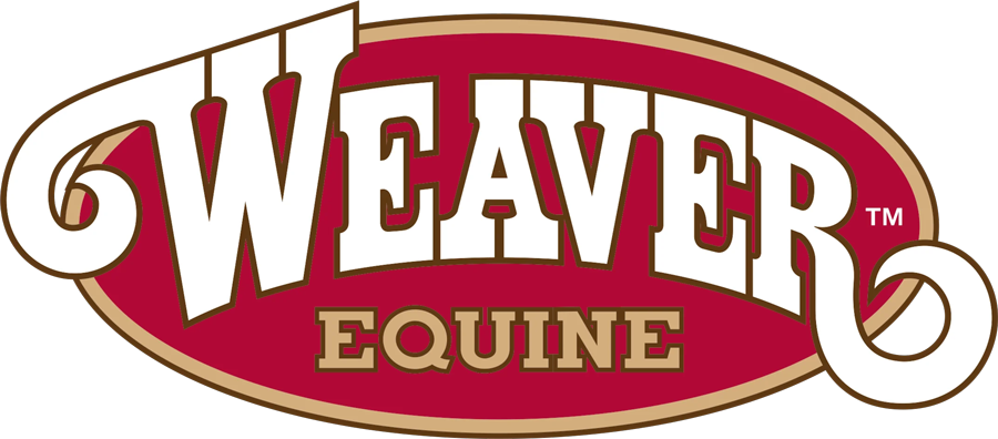 Weaver Equine logo with bold white and gold lettering on a red oval background.